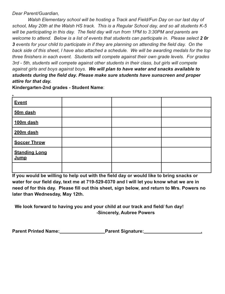 K-2 Parent Letter Field Day