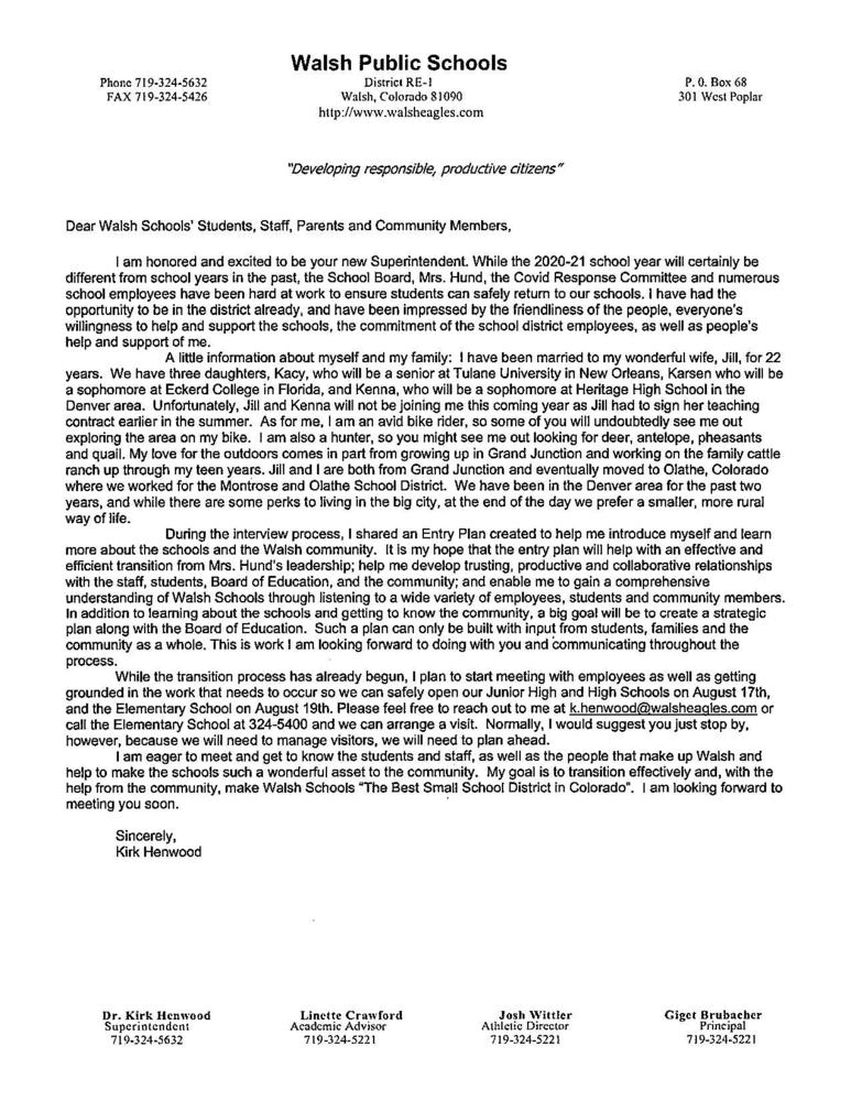 Superintendent Letter