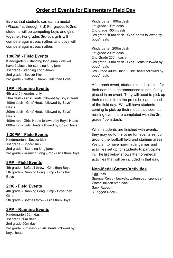 2021 Elementary Field Day Event Schedule
